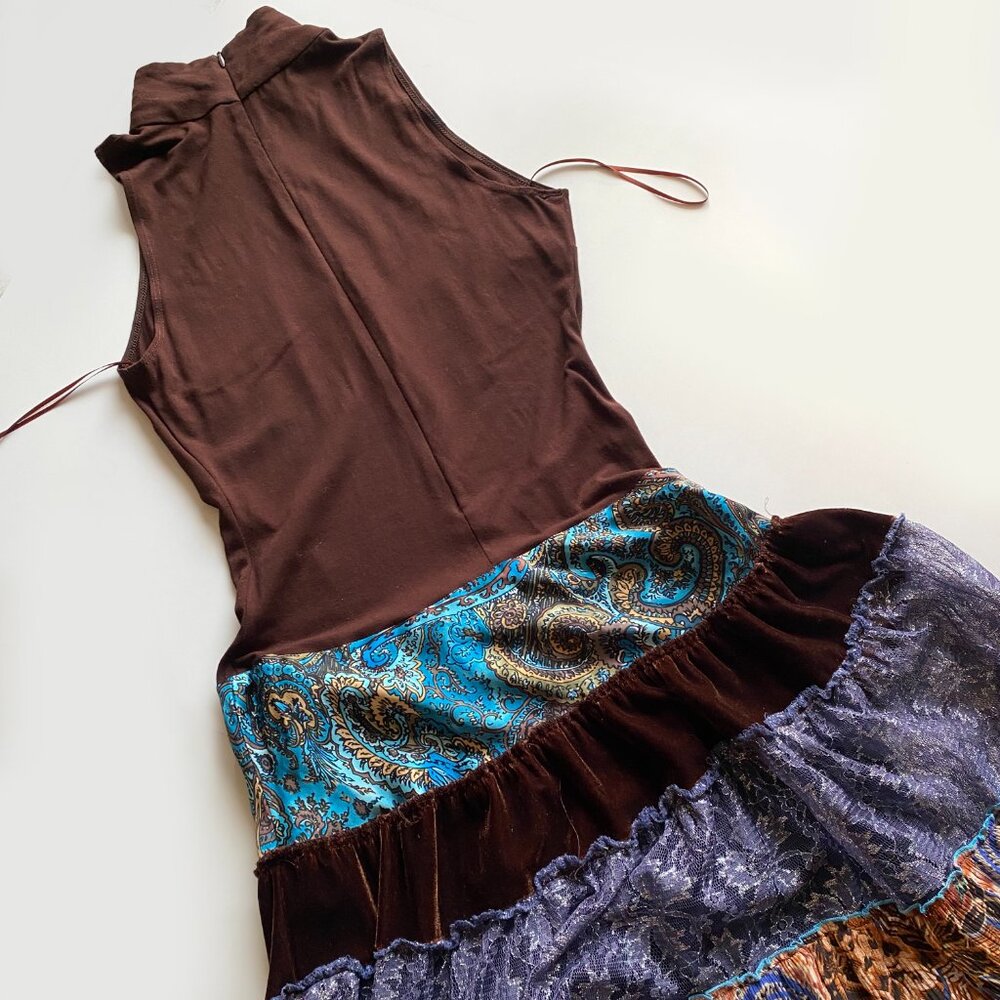 Vintage Y2K Cache Boho Tiered Patchwork Maxi Dress Brown Silk Blend Size 6 - Picture 9 of 11